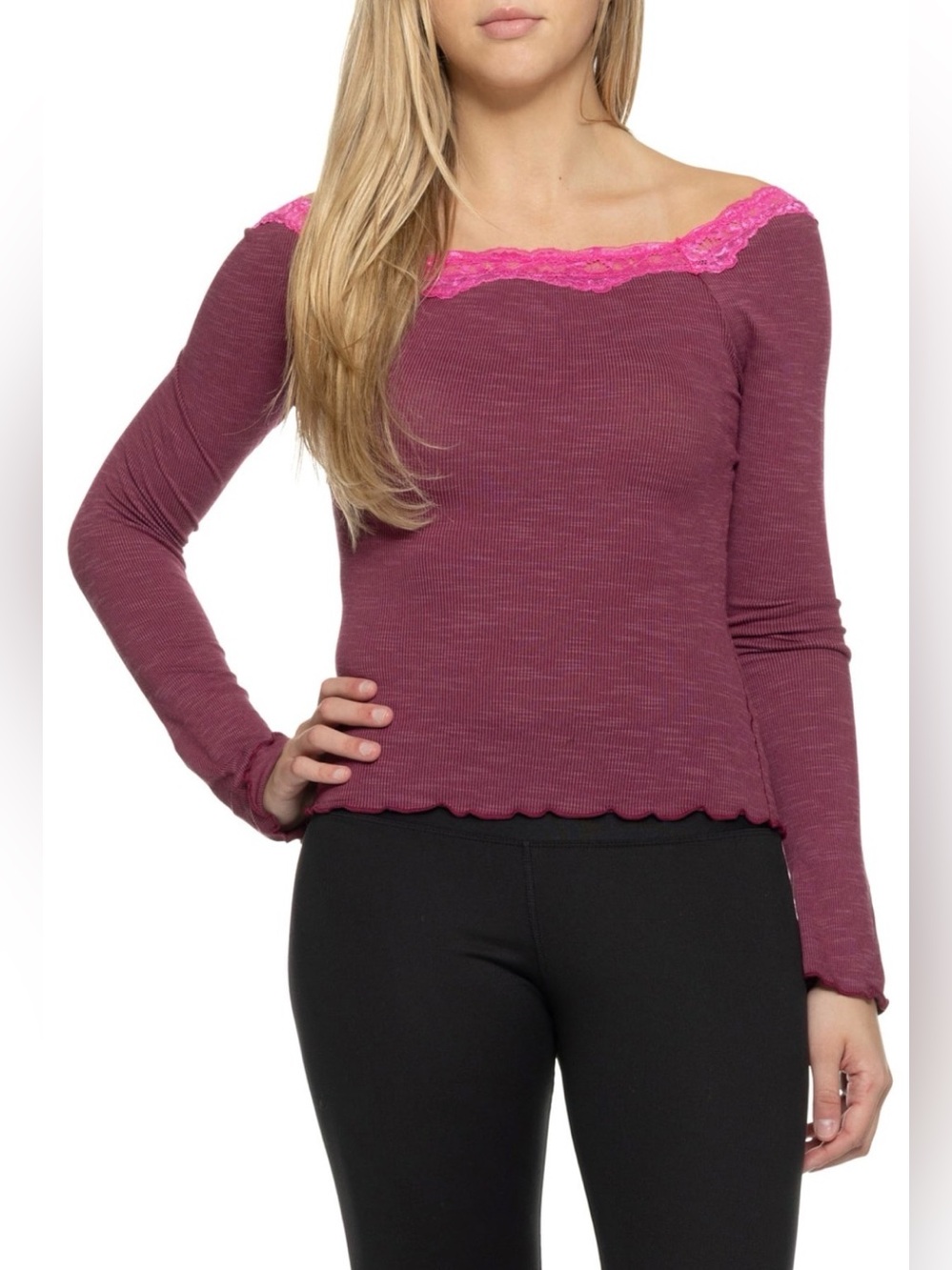 FREE PEOPLE Oh My Darling Long Sleeve Tee L 15” + p2p Raspberry $40 Retail NWT